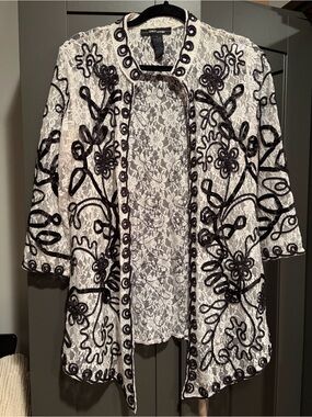 White Lace Open-Front Tunic with Black Embroidered Floral Trim